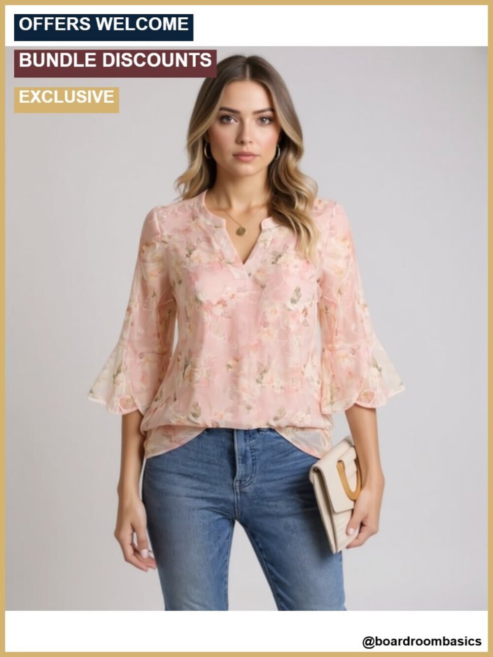3/4 Sleeve Tunic Blouse Floral Embroidery V-Neck Women's Dressy Casual Work Top